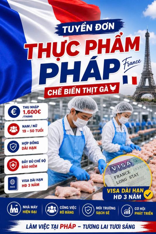 TUYỂN DỤNG NHÂN VIÊN CHẾ BIẾN THỰC PHẨM LÀM VIỆC TẠI PHÁP